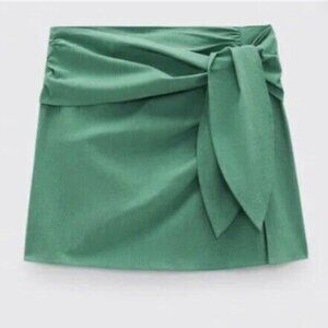NWT Zara Green Tie- Front Bow Belt Hidden Zipper Side Women's Mini Skirt US L